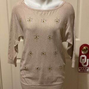 White House Black Market Beige Embellished Sweater. Medium